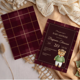 Invitación Oso de peluche clásico polo preppy a cuadros baby 
