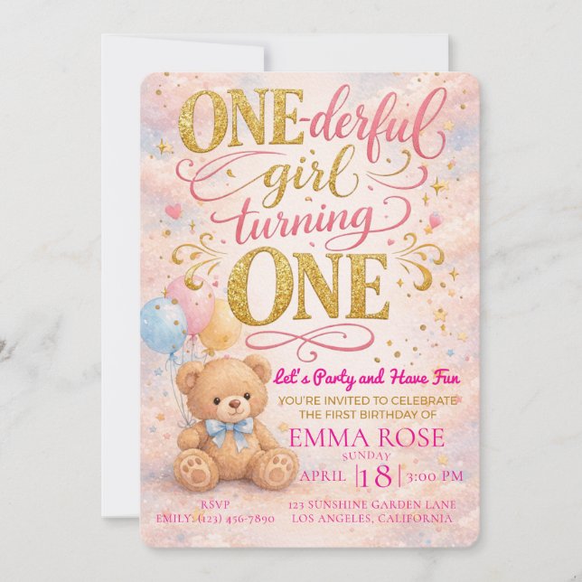 Invitación Oso de peluche con acuarela rosa cumpleaños de niñ (Anverso)