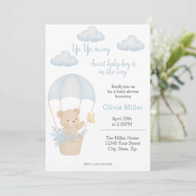 Invitación Oso de peluche con Baby Shower paracaidista (Anverso de pie)