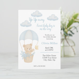 Invitación Oso de peluche con Baby Shower paracaidista
