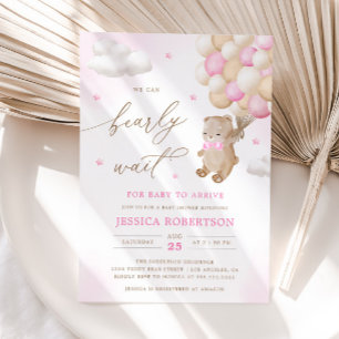 Invitación Oso de peluche con balones rosados Baby Shower