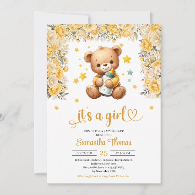 Invitación Oso de peluche con botella de bebé chica de flores (Anverso)