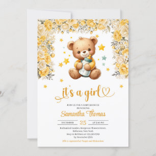 Invitación Oso de peluche con botella de bebé chica de flores