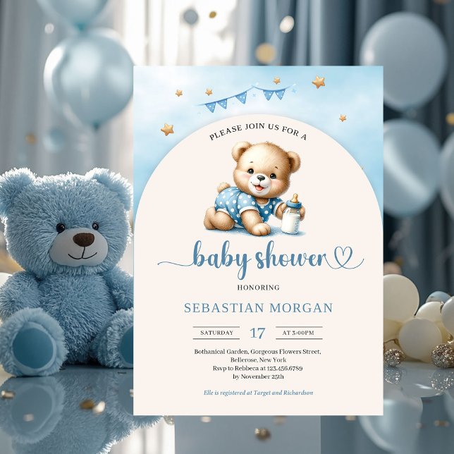 Invitación Oso de peluche con botellas arqueadas (cute playful baby bear boy baby shower invitation digital)