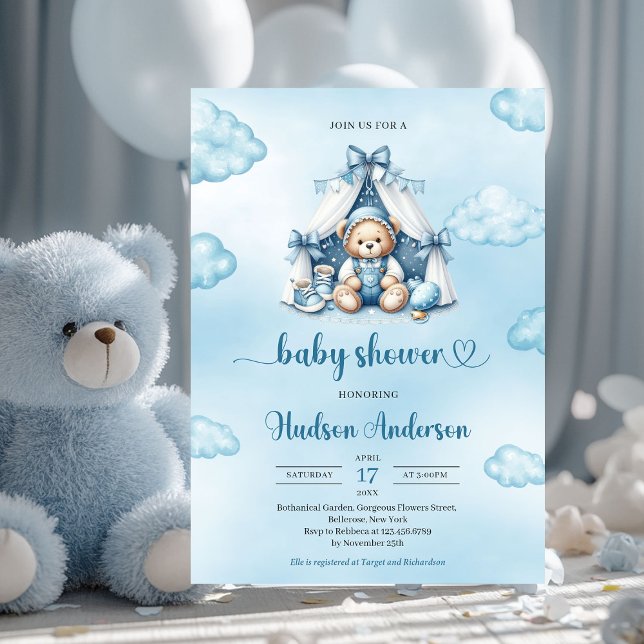 Invitación Oso de peluche con carpa de marfil azul marrón (cute teddy bear in a tent boy baby shower invitation)