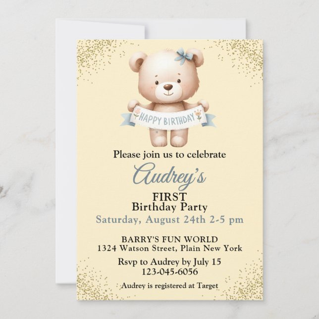 Invitación Oso de peluche con cartel de cumpleaños feliz (Anverso)