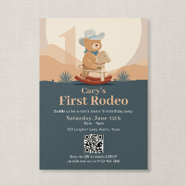 Invitación Oso de peluche con código QR Cowboy Primer Rodeo C