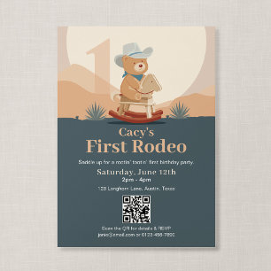 Invitación Oso de peluche con código QR Cowboy Primer Rodeo C