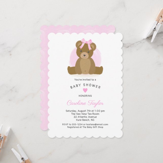 Invitación Oso de peluche con ducha de bebé de oso rosa (Anverso/Reverso In Situ)