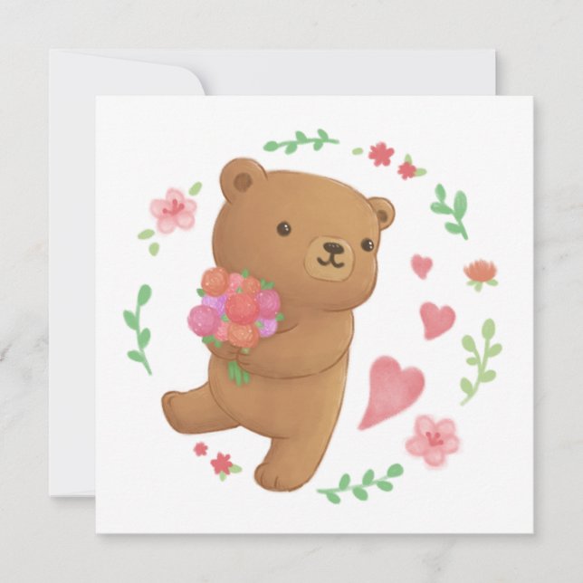 Invitación Oso de peluche con flores (Anverso)