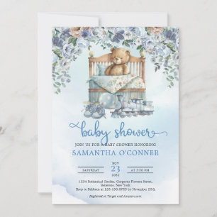 Invitación Oso de peluche con flores polvorientas azules y be