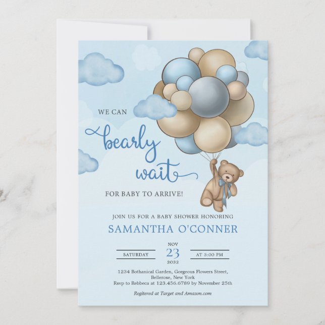 Invitación Oso de peluche con globo beige azul (Anverso)