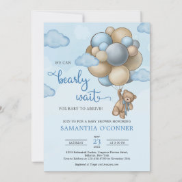 Invitación Oso de peluche con globo beige azul