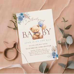 Invitación Oso de peluche con globo boho rosa azul baby showe