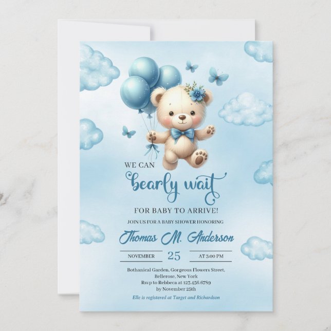 Invitación Oso de peluche con globos azules que podemos esper (Anverso)