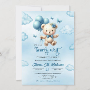 Invitación Oso de peluche con globos azules que podemos esper
