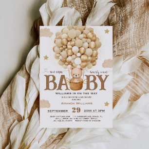 Invitación Oso de peluche con globos dorados neutrales para b