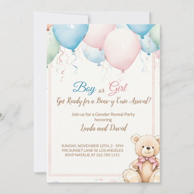 Invitación Oso de peluche con globos en los que Baby Shower r (Anverso)