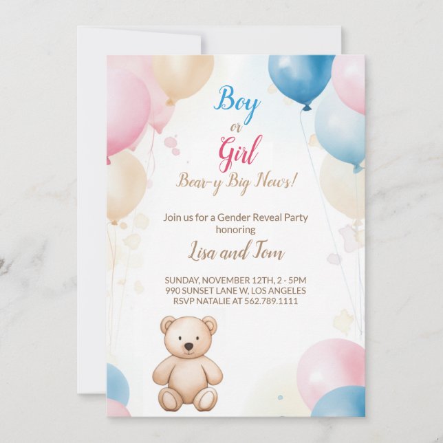 Invitación Oso de peluche con globos Revelación de Género de  (Anverso)