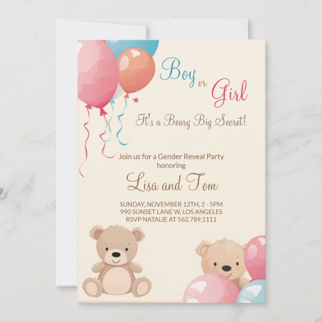 Invitación Oso de peluche con globos revelación de género de  (Anverso)