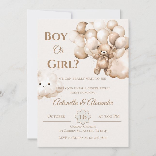 Invitación Oso de peluche con globos Revelación de género I (Anverso)