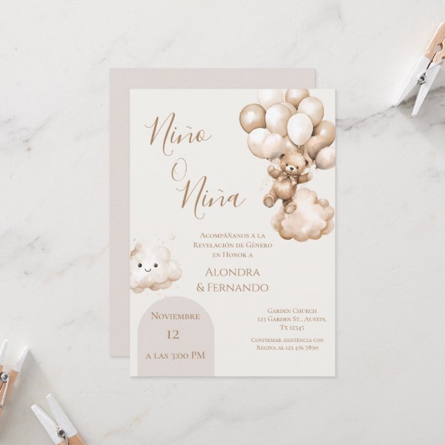 Invitación Oso de peluche con globos Revelación de género I (Anverso/Reverso In Situ)