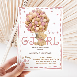 Invitación Oso de peluche con globos Rosa Cumpleaños de niña