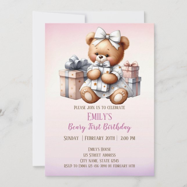 Invitación Oso de peluche con globos y regalos (Anverso)