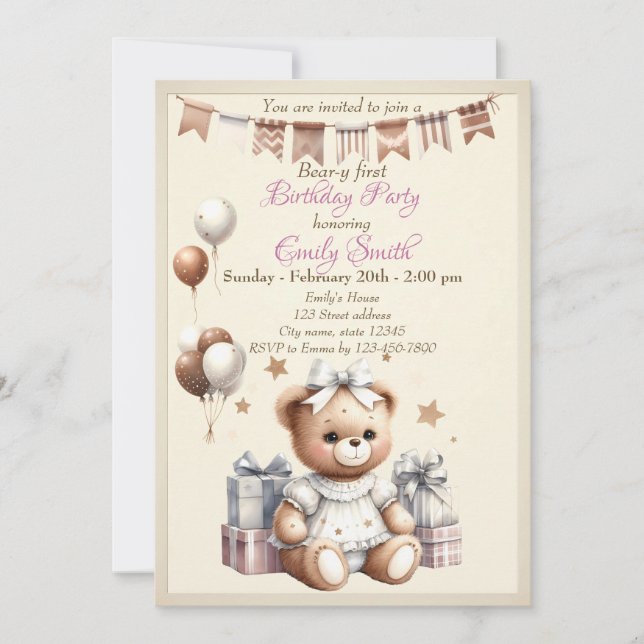 Invitación Oso de peluche con globos y regalos (Anverso)