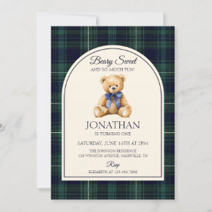 Invitación Oso de peluche con lazo azul Cumpleaños de Tartán