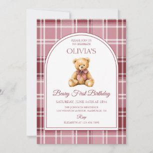 Invitación Oso de peluche con lazo rosa de cuadros escoceses 