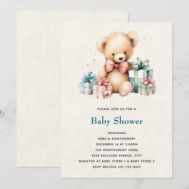 Invitación Oso de peluche con presente Baby Shower (Anverso / Reverso)