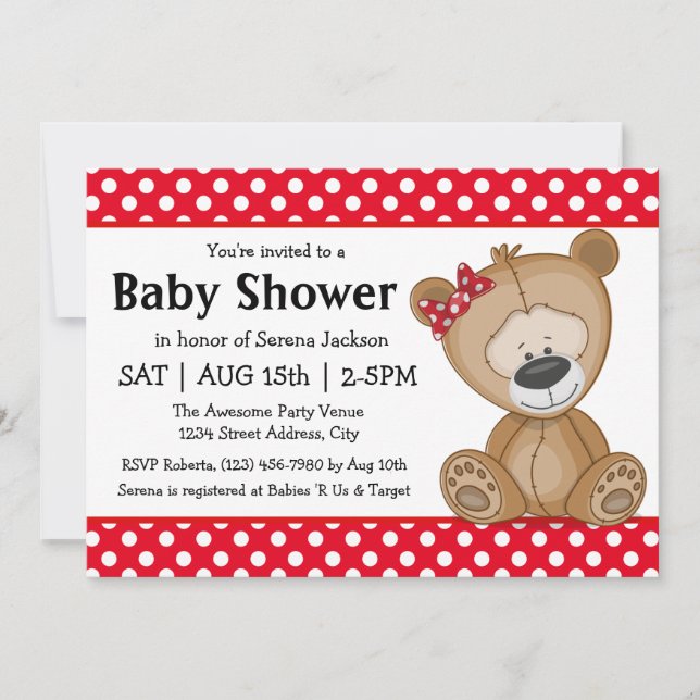 Invitación Oso de peluche con puntos de polka Baby Shower (Anverso)
