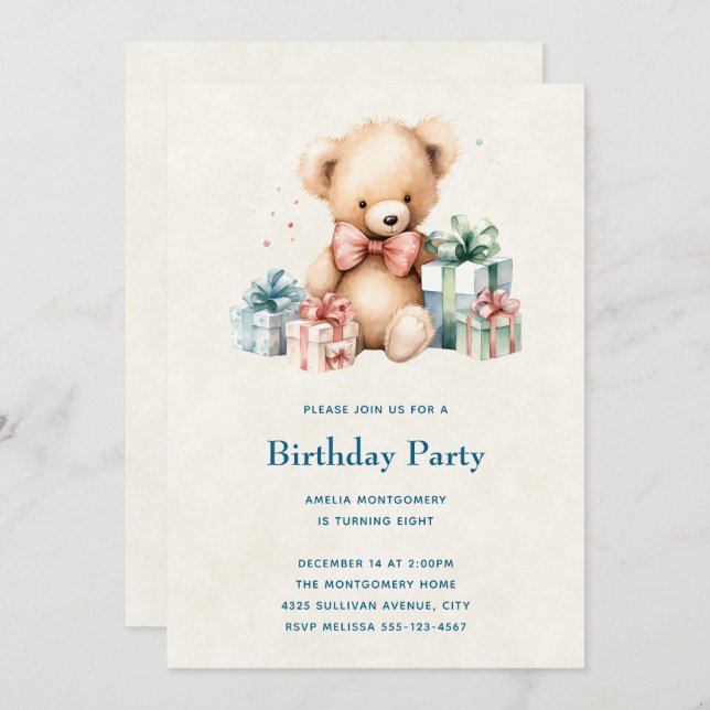 Invitación Oso de peluche con regalo Cumpleaños (Anverso / Reverso)