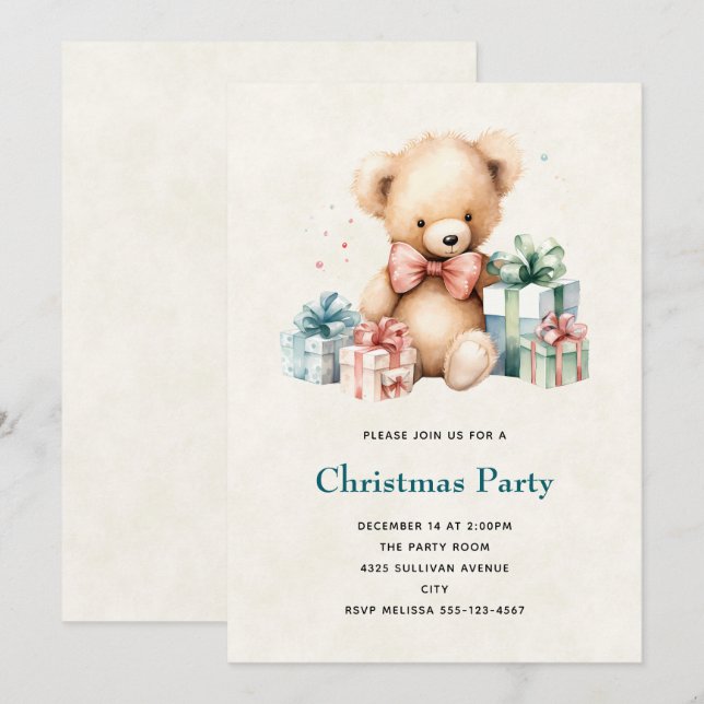 Invitación Oso de peluche con regalo de Navidad (Anverso / Reverso)