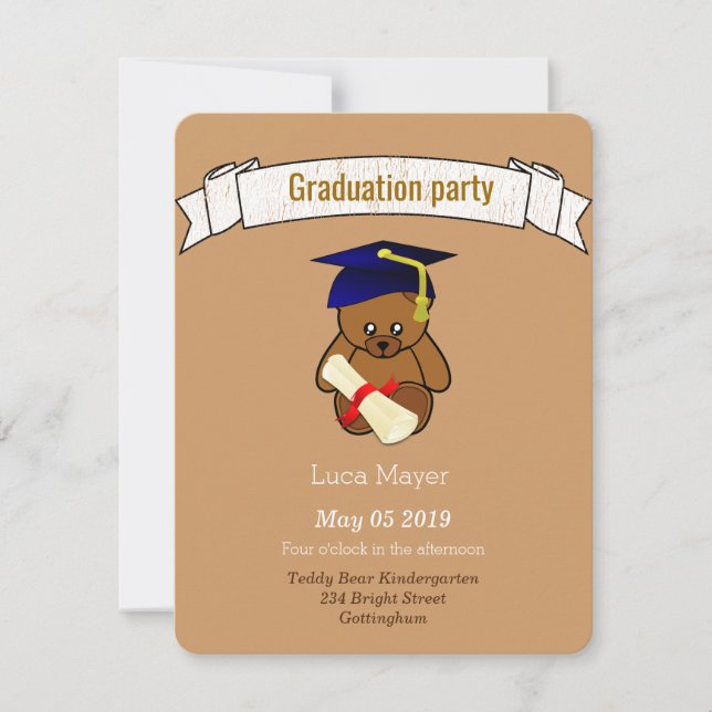 Invitación oso de peluche con tapa de graduación (Anverso)
