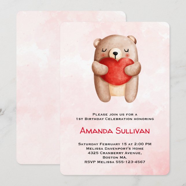 Invitación Oso de peluche con un cumpleaños de corazón rojo (Anverso / Reverso)
