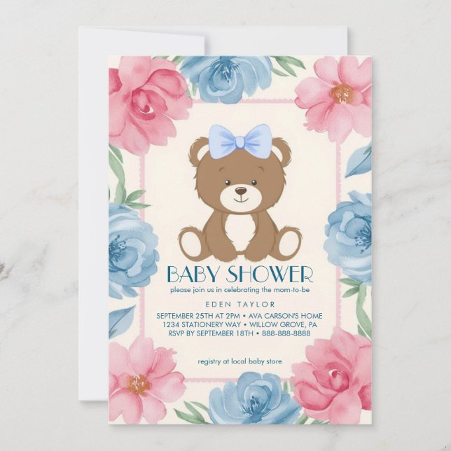 Invitación Oso de peluche con una ducha de bebé con arco azul (Anverso)