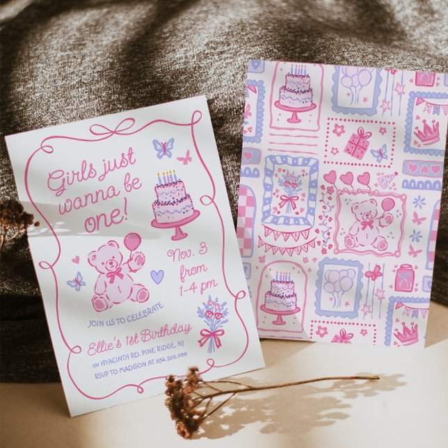 Invitación Oso de peluche coqueto caprichoso rosa dibujado a  (Subido por el creador)