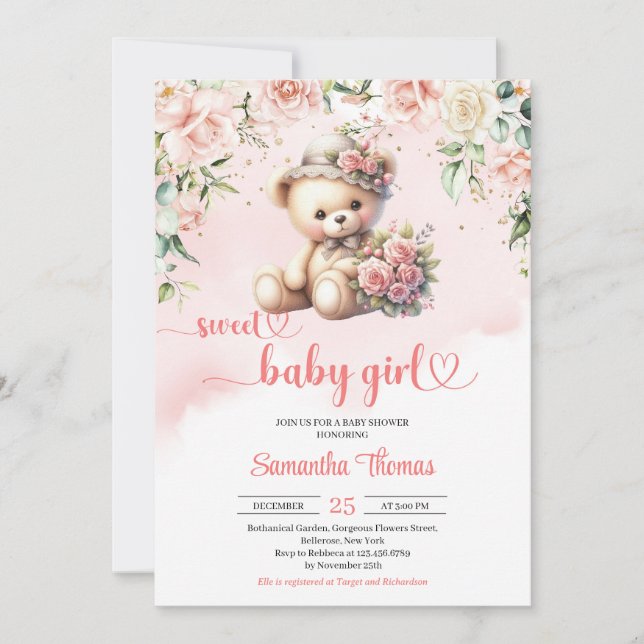 Invitación Oso de peluche Coquette con flores chica ducha de  (Anverso)