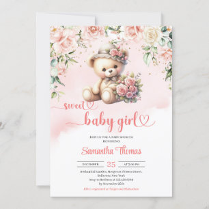 Invitación Oso de peluche Coquette con flores chica ducha de 