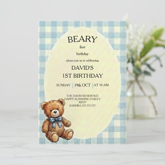 Invitación Oso de peluche cumpleaños 1 (Anverso de pie)