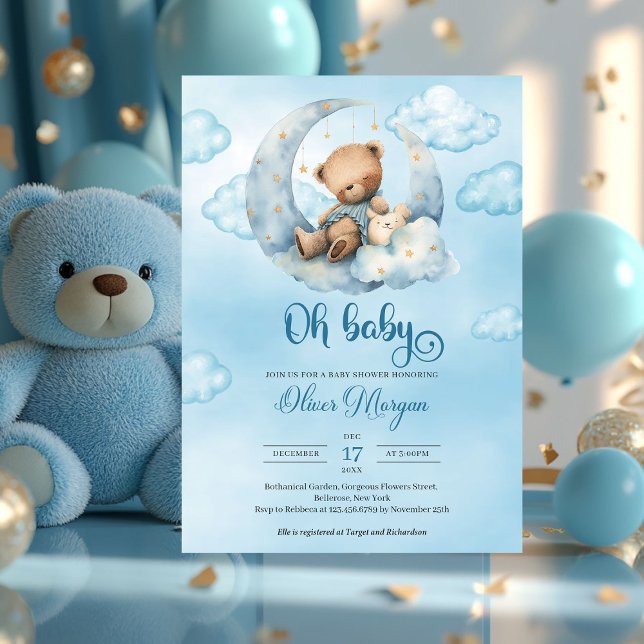 Invitación Oso de peluche Cute Watercolor durmiendo sobre la  (oh baby - boy baby shower invitation with teddy bear)