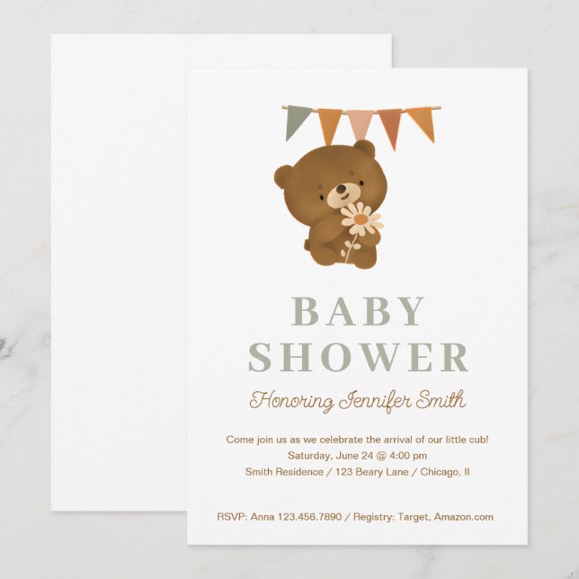 Invitación Oso de peluche de acuarela lindo Baby Shower (Anverso / Reverso)