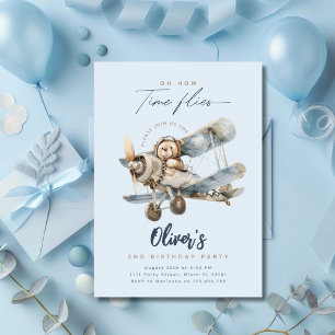 Invitación Oso de peluche de avión azul cumpleaños el tiempo
