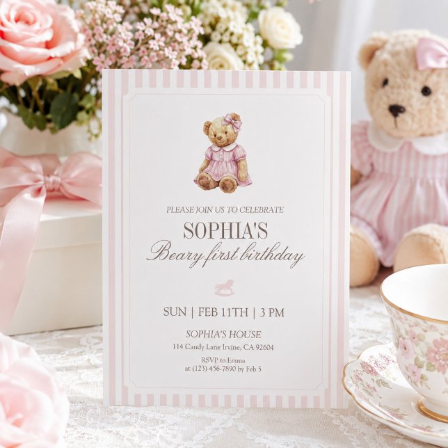 Invitación Oso de peluche de cumpleaños con raya rosa (Subido por el creador)