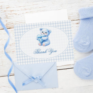 Invitación Oso de peluche de gingham azul Cumpleaños neutral 