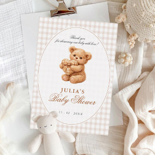 Invitación Oso de peluche de gingham marrón, papel para baby 