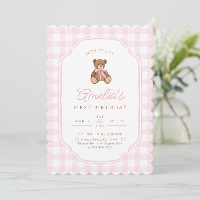 Invitación Oso de peluche de gingham rosa cumpleaños Beary pr (Anverso de pie)