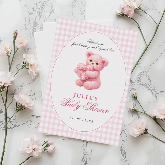 Invitación Oso de peluche de gingham rosa Cumpleaños de bebé  (Subido por el creador)